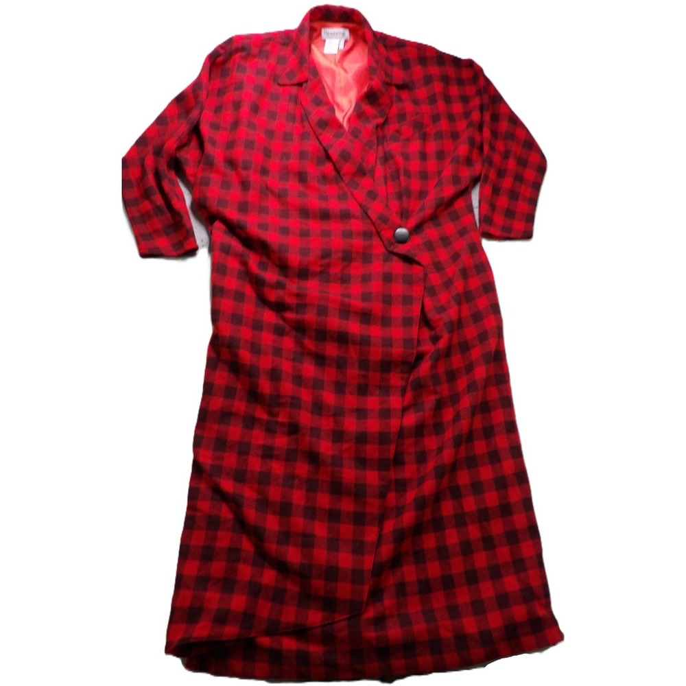 VTG 90s Hesselhøj Wool Angora Wrap Coat Women 12 Red Black Plaid Denmark EU Made